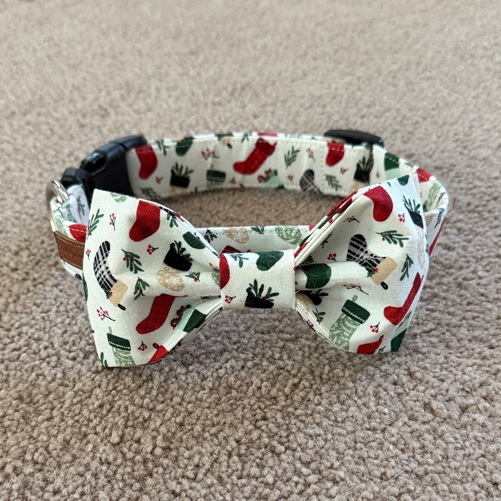 Holiday Cream Bow Tie Dog Collar with Red & Green Stocking Print